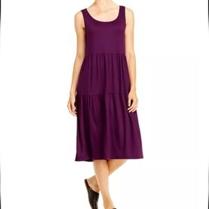Eileen Fisher Tencel Sleeveless Tiered Jersey Knit Midi Dress Blackberry Large